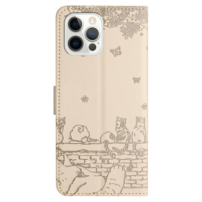 For iPhone 16 Pro Max Cat Embossing Pattern Leather Phone Case with Lanyard(Beige) - iPhone 16 Pro Max Cases by buy2fix | Online Shopping UK | buy2fix