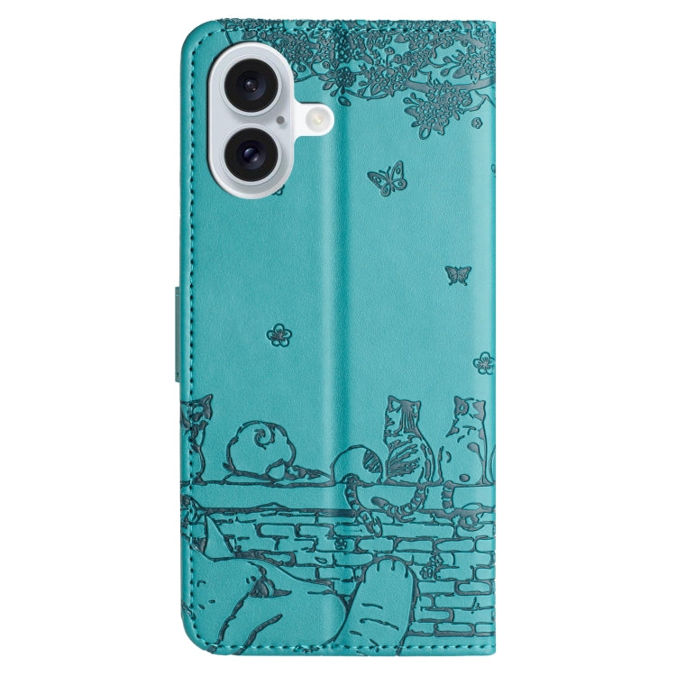 For iPhone 16 Cat Embossing Pattern Leather Phone Case with Lanyard(Blue) - iPhone 16 Cases by buy2fix | Online Shopping UK | buy2fix