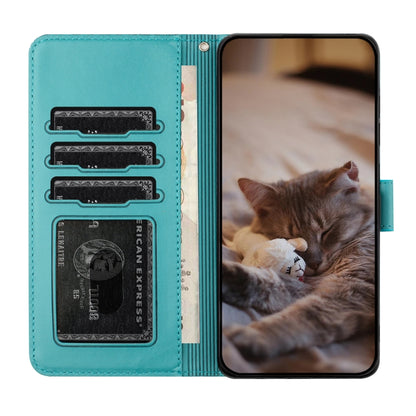 For iPhone 16 Cat Embossing Pattern Leather Phone Case with Lanyard(Blue) - iPhone 16 Cases by buy2fix | Online Shopping UK | buy2fix