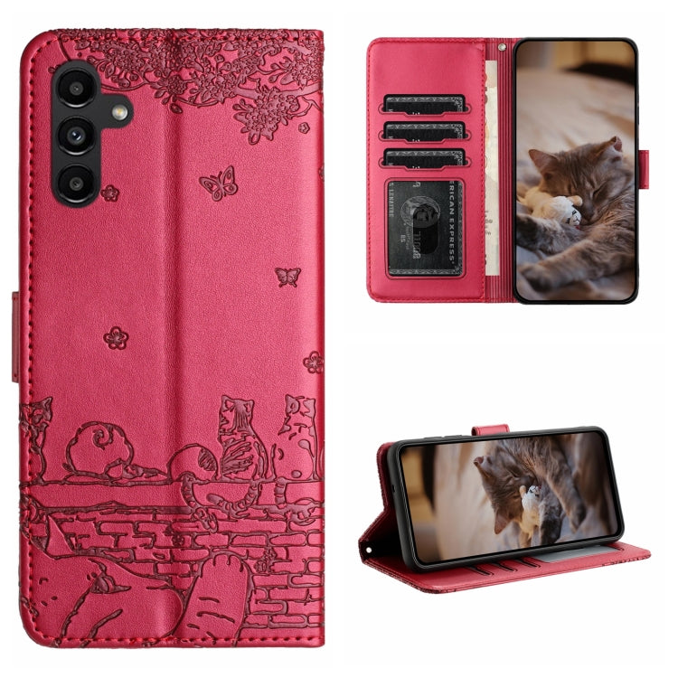 For Samsung Galaxy A24 Cat Embossing Pattern Leather Phone Case with Lanyard(Red) - Galaxy Phone Cases by buy2fix | Online Shopping UK | buy2fix