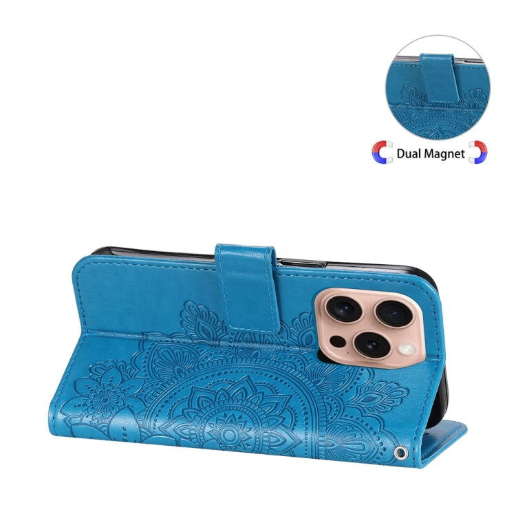 For iPhone 16 Pro 7-petal Flowers Embossing Leather Phone Case(Blue) - iPhone 16 Pro Cases by buy2fix | Online Shopping UK | buy2fix