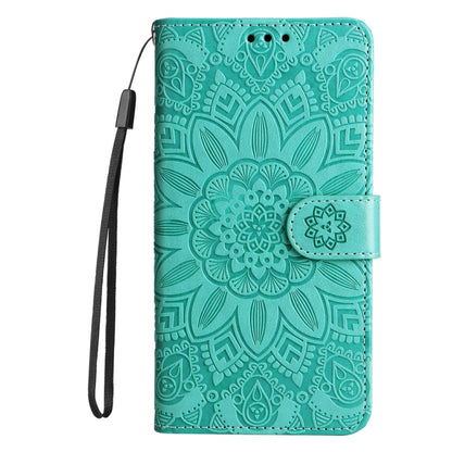 For iPhone 16 Embossed Sunflower Leather Phone Case(Green) - iPhone 16 Cases by buy2fix | Online Shopping UK | buy2fix