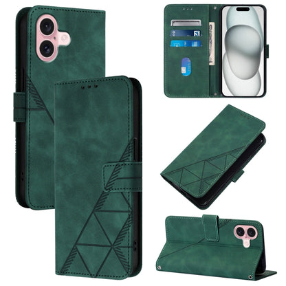 For iPhone 16 Crossbody 3D Embossed Flip Leather Phone Case(Dark Green) - iPhone 16 Cases by buy2fix | Online Shopping UK | buy2fix