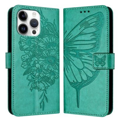 For iPhone 16 Pro Max Embossed Butterfly Leather Phone Case(Green) - iPhone 16 Pro Max Cases by buy2fix | Online Shopping UK | buy2fix