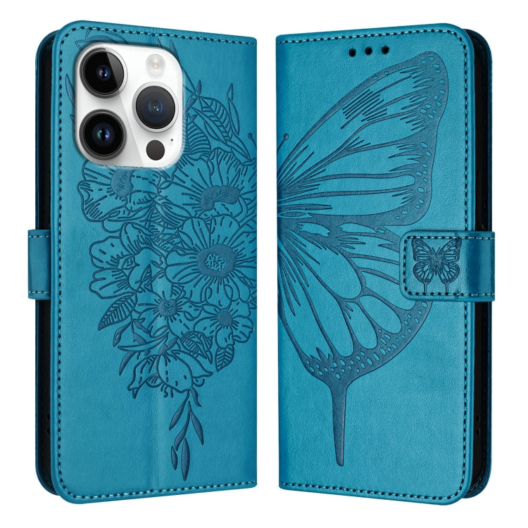 For iPhone 16 Pro Embossed Butterfly Leather Phone Case(Blue) - iPhone 16 Pro Cases by buy2fix | Online Shopping UK | buy2fix