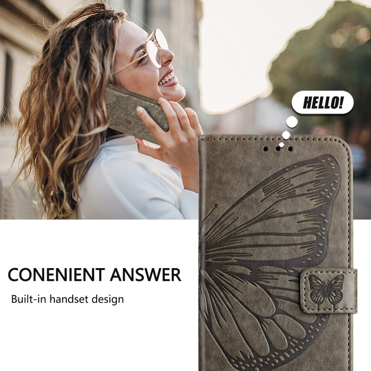 For iPhone 16 Embossed Butterfly Leather Phone Case(Grey) - iPhone 16 Cases by buy2fix | Online Shopping UK | buy2fix