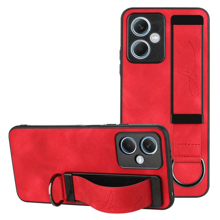 For Xiaomi Redmi Note 12 4G Global Wristband Holder Leather Back Phone Case(Red) - Xiaomi Cases by buy2fix | Online Shopping UK | buy2fix