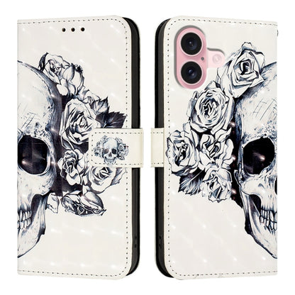 For iPhone 16 3D Painting Horizontal Flip Leather Phone Case(Skull) - iPhone 16 Cases by buy2fix | Online Shopping UK | buy2fix