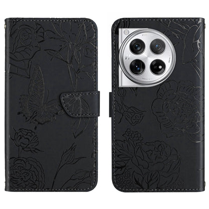 For OnePlus 12 5G Global Skin Feel Butterfly Peony Embossed Leather Phone Case(Black) - OnePlus Cases by buy2fix | Online Shopping UK | buy2fix