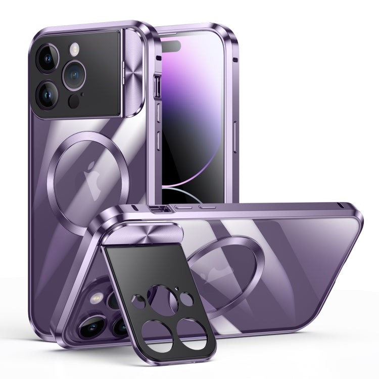 For iPhone 14 Pro Max Large Window Holder MagSafe Magnetic Metal Phone Case(Purple) - iPhone 14 Pro Max Cases by buy2fix | Online Shopping UK | buy2fix