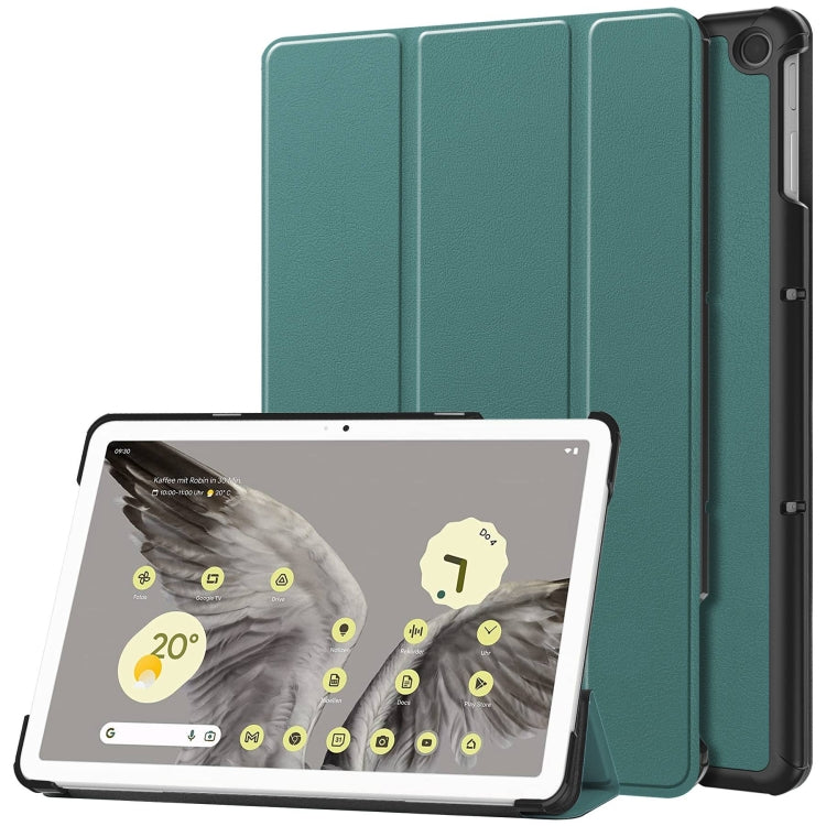 For Google Pixel Tablet Custer Pure Color 3-Fold Holder Smart Leather Tablet Case(Dark Green) - Google by buy2fix | Online Shopping UK | buy2fix