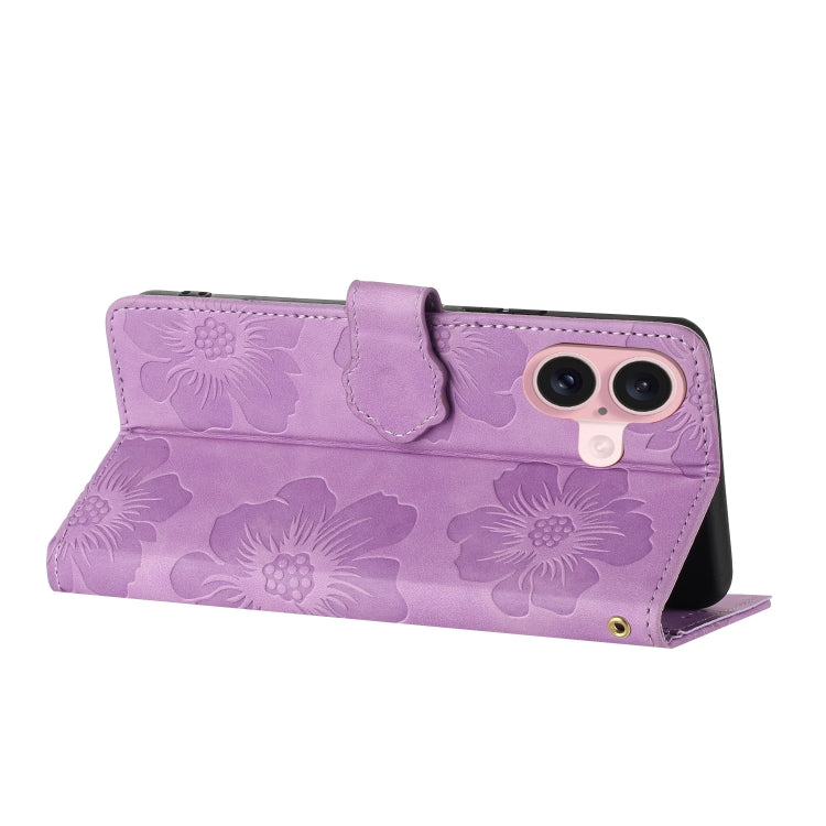 For iPhone 16 Flower Embossing Pattern Leather Phone Case(Purple) - iPhone 16 Cases by buy2fix | Online Shopping UK | buy2fix