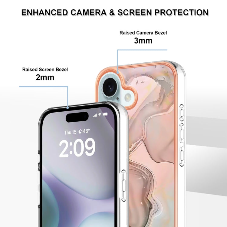 For iPhone 16 Plus Electroplating Marble Dual-side IMD Phone Case(Rose Gold 015) - iPhone 16 Plus Cases by buy2fix | Online Shopping UK | buy2fix