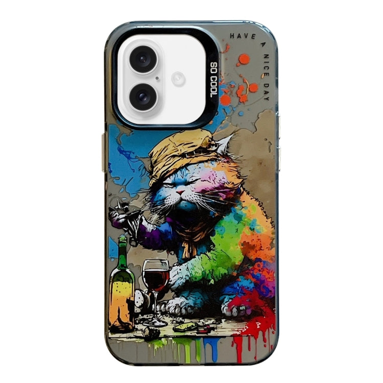 For iPhone 16 Animal Pattern Oil Painting Series PC + TPU Phone Case(Drinking Cat) - iPhone 16 Cases by buy2fix | Online Shopping UK | buy2fix