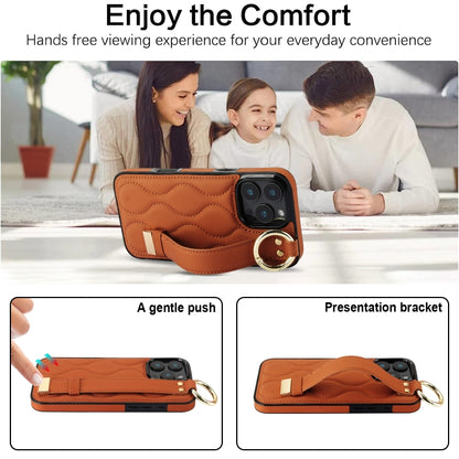 For iPhone 16 Pro Non-slip Full Coverage Ring PU Phone Case with Wristband(Brown) - iPhone 16 Pro Cases by buy2fix | Online Shopping UK | buy2fix