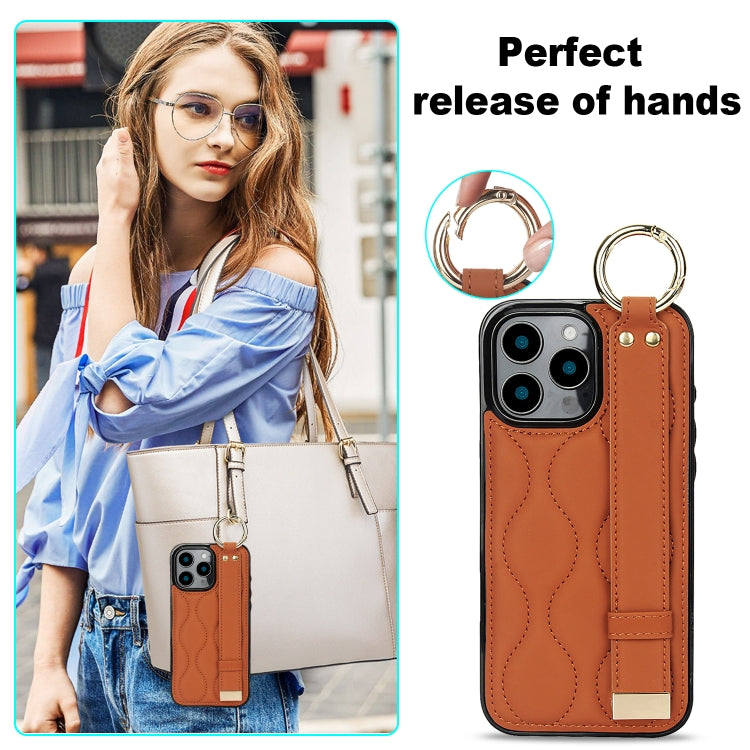 For iPhone 16 Pro Non-slip Full Coverage Ring PU Phone Case with Wristband(Brown) - iPhone 16 Pro Cases by buy2fix | Online Shopping UK | buy2fix