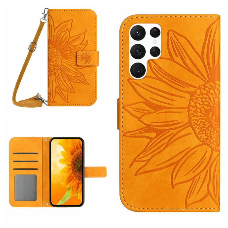 For Samsung Galaxy S24 Ultra 5G Skin Feel Sun Flower Embossed Flip Leather Phone Case with Lanyard(Yellow) - Galaxy S24 Ultra 5G Cases by buy2fix | Online Shopping UK | buy2fix