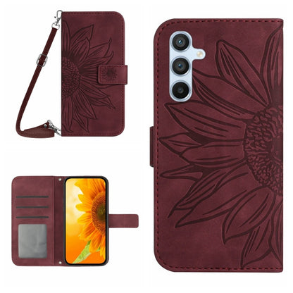 For Samsung Galaxy S24+ 5G Skin Feel Sun Flower Embossed Flip Leather Phone Case with Lanyard(Wine Red) - Galaxy S24+ 5G Cases by buy2fix | Online Shopping UK | buy2fix