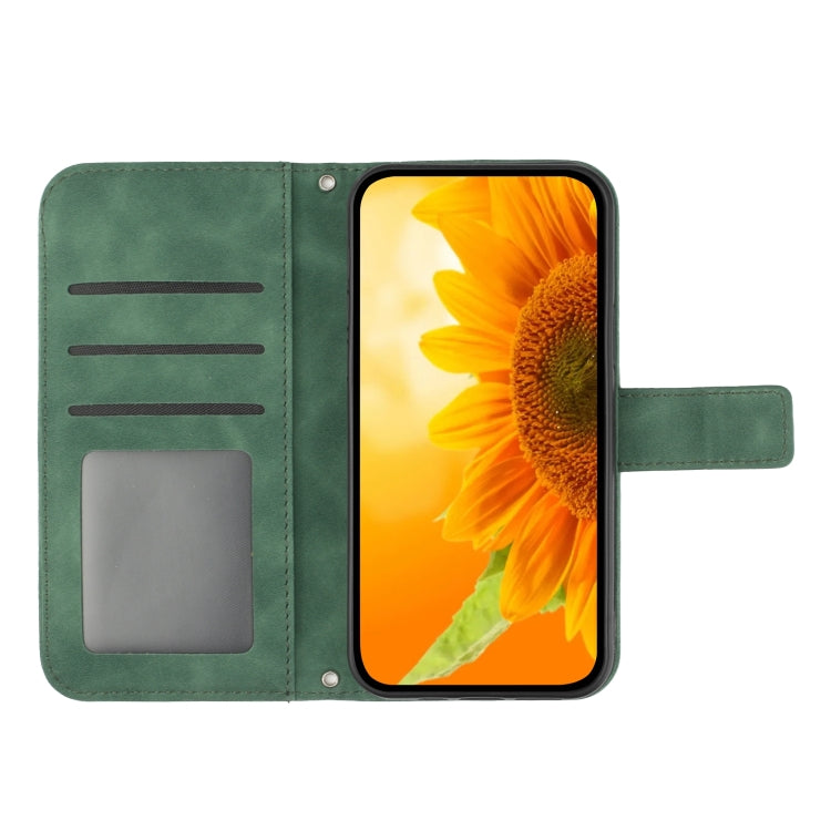 For Motorola Moto G Play 5G 2024 HT04 Skin Feel Sun Flower Embossed Flip Leather Phone Case with Lanyard(Green) - Motorola Cases by buy2fix | Online Shopping UK | buy2fix