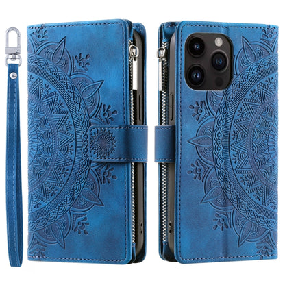 For iPhone 16 Pro Max Multi-Card Totem Zipper Leather Phone Case(Blue) - iPhone 16 Pro Max Cases by buy2fix | Online Shopping UK | buy2fix