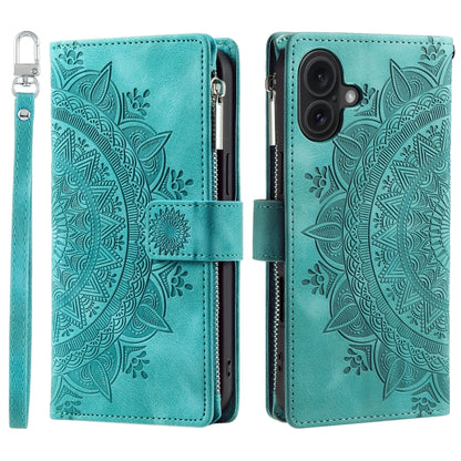 For iPhone 16 Plus Multi-Card Totem Zipper Leather Phone Case(Green) - iPhone 16 Plus Cases by buy2fix | Online Shopping UK | buy2fix