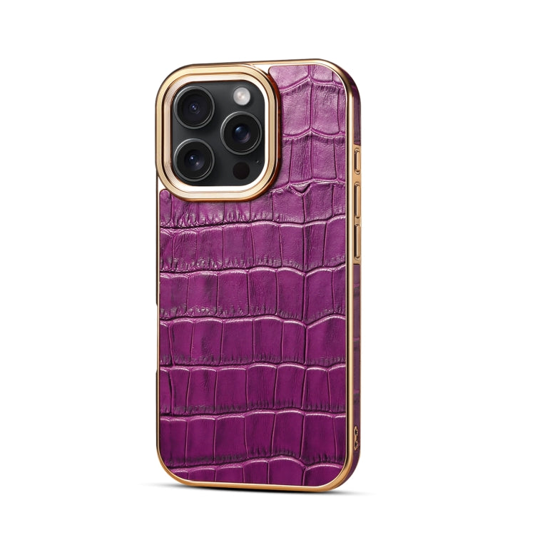 For iPhone 16 Pro Denior Crocodile Texture Genuine Leather Electroplating Phone Case(Purple) - More iPhone Cases by Denior | Online Shopping UK | buy2fix