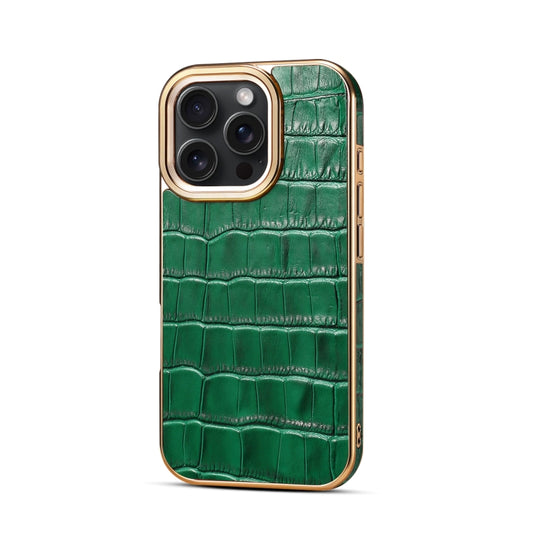 For iPhone 16 Pro Denior Crocodile Texture Genuine Leather Electroplating Phone Case(Green) - More iPhone Cases by Denior | Online Shopping UK | buy2fix