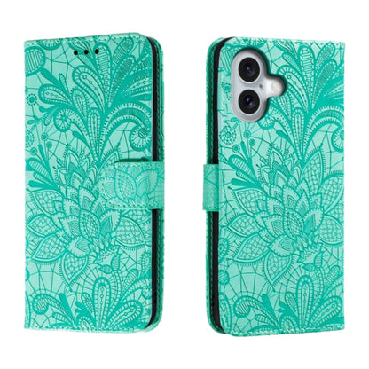 For iPhone 16 Lace Flower Embossing Flip Leather Phone Case(Green) - iPhone 16 Cases by buy2fix | Online Shopping UK | buy2fix