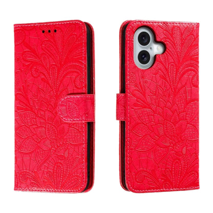 For iPhone 16 Lace Flower Embossing Flip Leather Phone Case(Red) - iPhone 16 Cases by buy2fix | Online Shopping UK | buy2fix