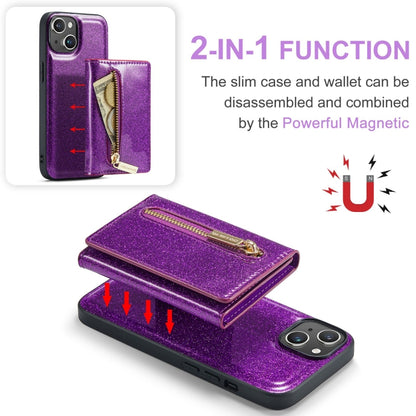 For iPhone 15 DG.MING M3 Series Glitter Powder Card Bag Leather Phone Case(Dark Purple) - iPhone 15 Cases by DG.MING | Online Shopping UK | buy2fix