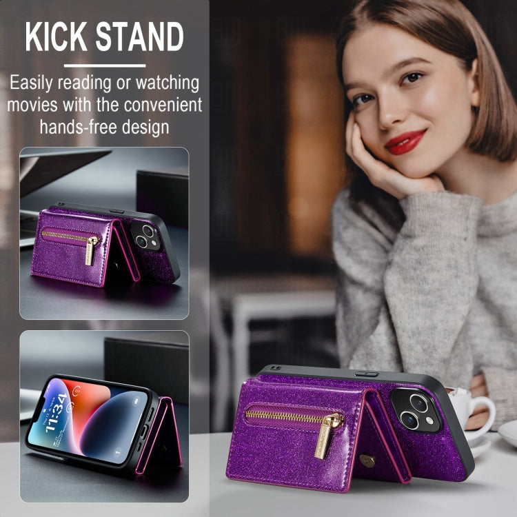 For iPhone 15 DG.MING M3 Series Glitter Powder Card Bag Leather Phone Case(Dark Purple) - iPhone 15 Cases by DG.MING | Online Shopping UK | buy2fix