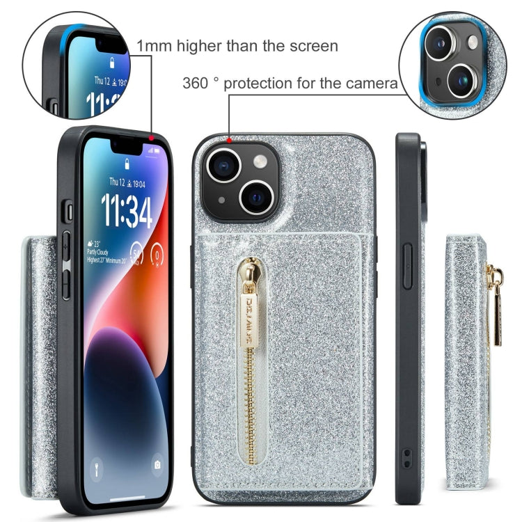 For iPhone 15 Plus DG.MING M3 Series Glitter Powder Card Bag Leather Phone Case(Silver) - iPhone 15 Plus Cases by DG.MING | Online Shopping UK | buy2fix