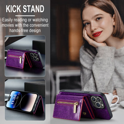 For iPhone 15 Pro DG.MING M3 Series Glitter Powder Card Bag Leather Phone Case(Dark Purple) - iPhone 15 Pro Cases by DG.MING | Online Shopping UK | buy2fix