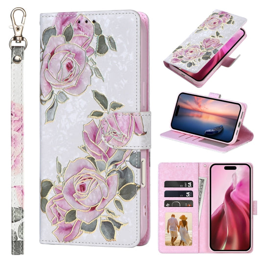 For iPhone 16 Bronzing Painting RFID Leather Case(Rose Flower) - iPhone 16 Cases by buy2fix | Online Shopping UK | buy2fix