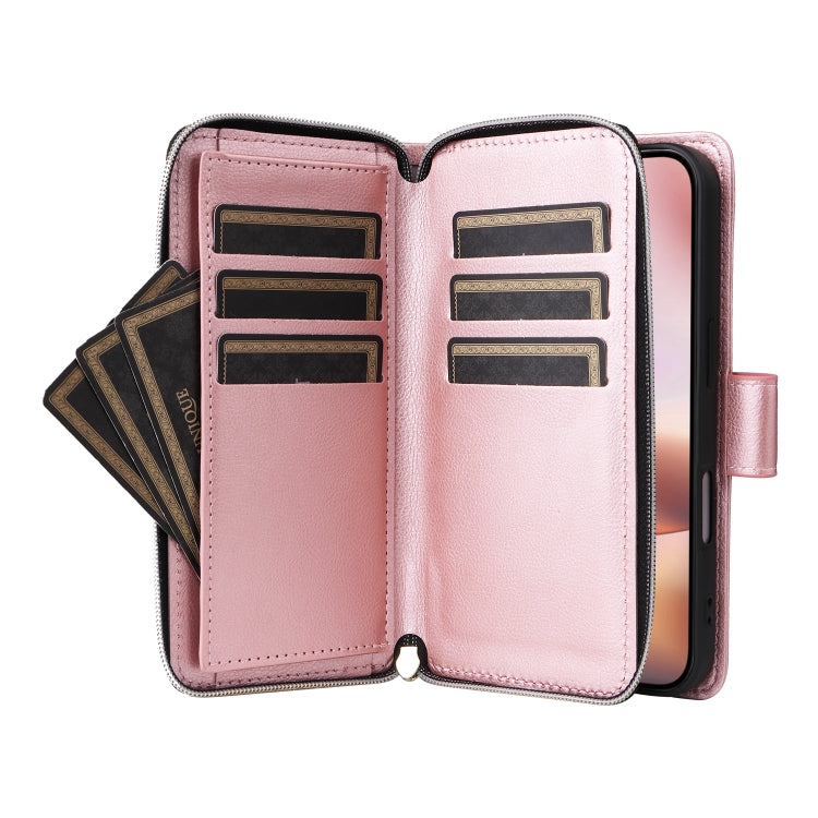 For iPhone 16 Plus 9 Card Slots Zipper Wallet Bag Leather Phone Case(Rose Gold) - iPhone 16 Plus Cases by buy2fix | Online Shopping UK | buy2fix