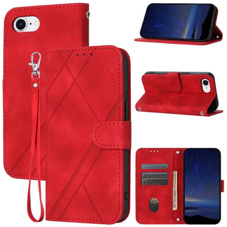 For iPhone SE 2024 Embossed Line Leather Phone Case with Lanyard(Red) - More iPhone Cases by buy2fix | Online Shopping UK | buy2fix