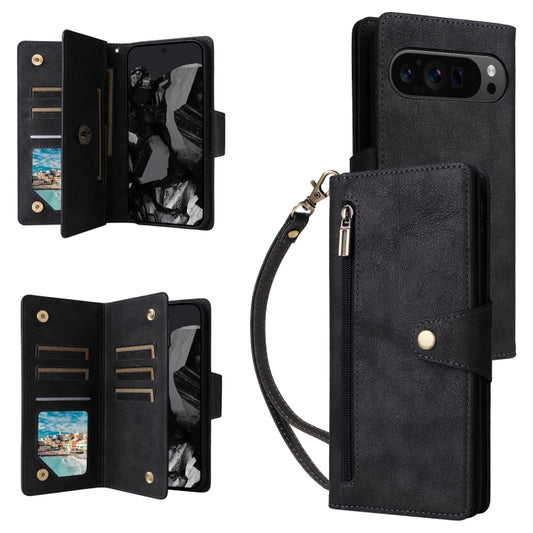 For Google Pixel 9 Pro Rivet Buckle 9 Cards Three Fold Leather Phone Case(Black) - Google Cases by buy2fix | Online Shopping UK | buy2fix