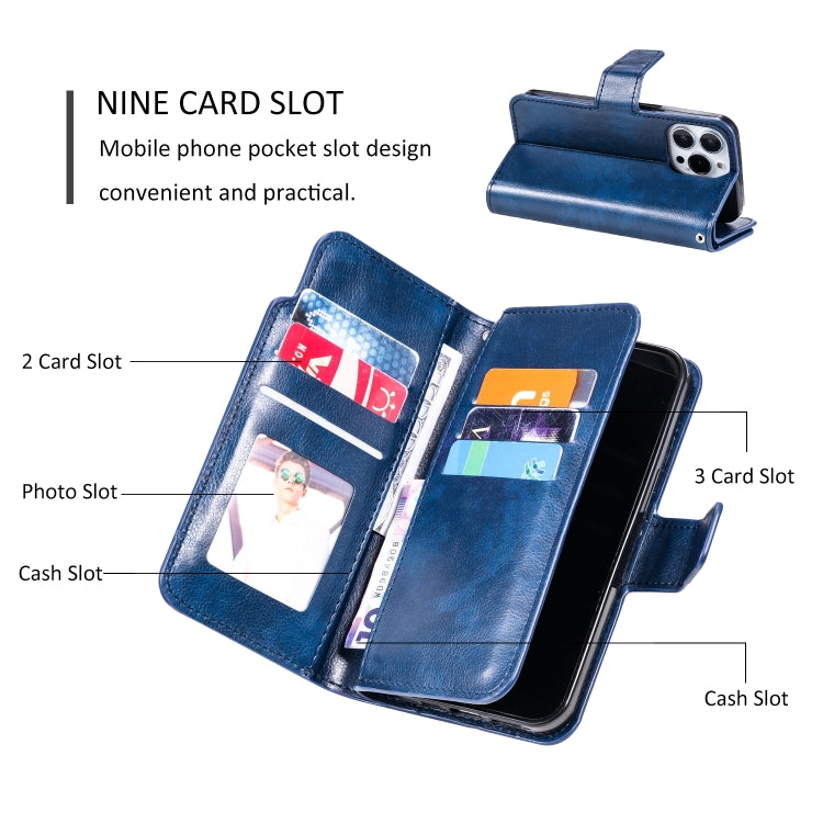 For iPhone 16 Pro Tri-Fold 9-Card Wallets Leather Phone Case(Blue) - iPhone 16 Pro Cases by buy2fix | Online Shopping UK | buy2fix