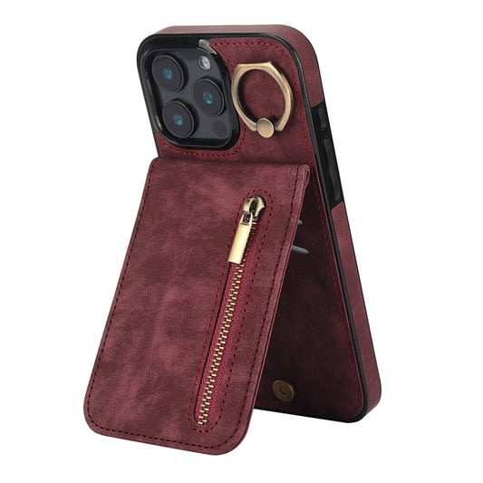 For iPhone 16 Pro Max Retro Ring and Zipper RFID Card Slot Phone Case(Wine Red) - iPhone 16 Pro Max Cases by buy2fix | Online Shopping UK | buy2fix