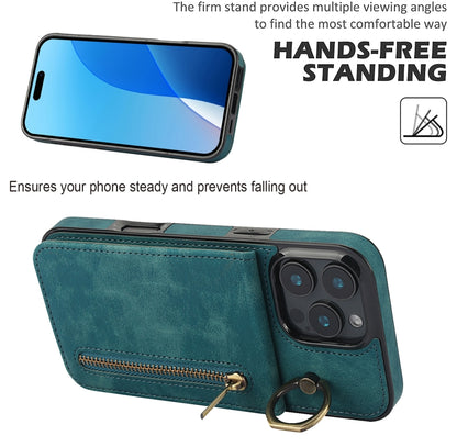 For iPhone 16 Pro Max Retro Ring and Zipper RFID Card Slot Phone Case(Blue) - iPhone 16 Pro Max Cases by buy2fix | Online Shopping UK | buy2fix