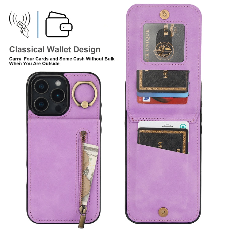 For iPhone 16 Pro Retro Ring and Zipper RFID Card Slot Phone Case(Purple) - iPhone 16 Pro Cases by buy2fix | Online Shopping UK | buy2fix