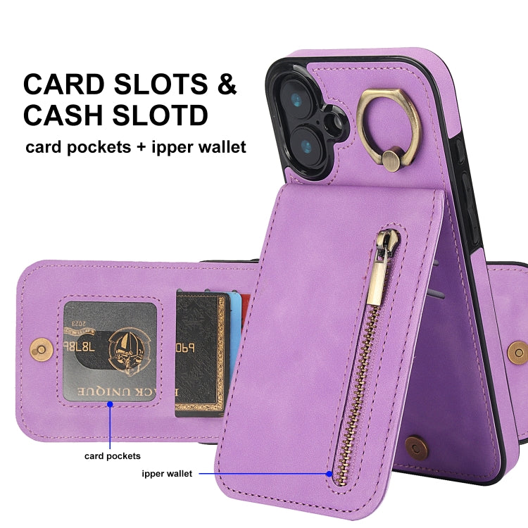 For iPhone 16 Plus Retro Ring and Zipper RFID Card Slot Phone Case(Purple) - iPhone 16 Plus Cases by buy2fix | Online Shopping UK | buy2fix