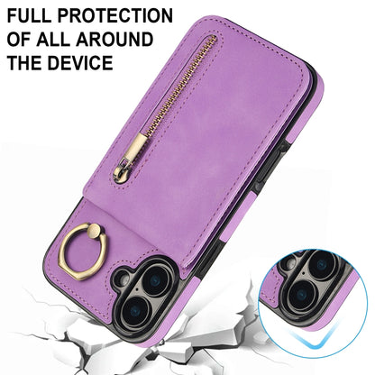 For iPhone 16 Retro Ring and Zipper RFID Card Slot Phone Case(Purple) - iPhone 16 Cases by buy2fix | Online Shopping UK | buy2fix