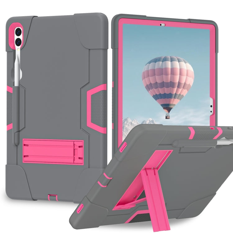 For Samsung Galaxy Tab S9+ Contrast Color Silicone PC Tablet Case with Holder(Grey + Rose Red) - Galaxy Tab S9+ Cases by buy2fix | Online Shopping UK | buy2fix