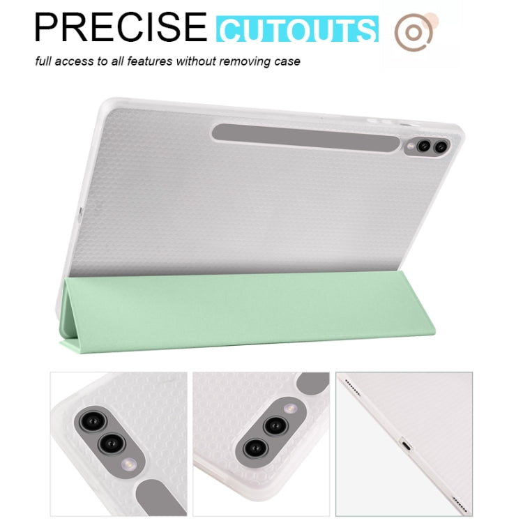 For Samsung Galaxy Tab S9+ 3-folding Transparent TPU Smart Leather Tablet Case with Pen Slot(Matcha Green) - Galaxy Tab S9+ Cases by buy2fix | Online Shopping UK | buy2fix