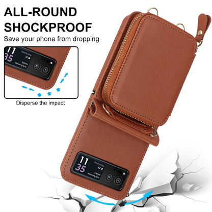 For Motorola Razr 40 Long and Short Lanyard Zipper Card Slot Foldable Phone Case(Brown) - Motorola Cases by buy2fix | Online Shopping UK | buy2fix