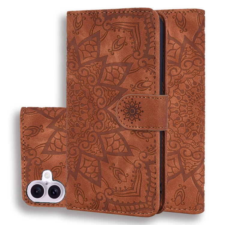 For iPhone 16 Mandala Embossed Dual-Fold Calf Leather Phone Case(Brown) - iPhone 16 Cases by buy2fix | Online Shopping UK | buy2fix