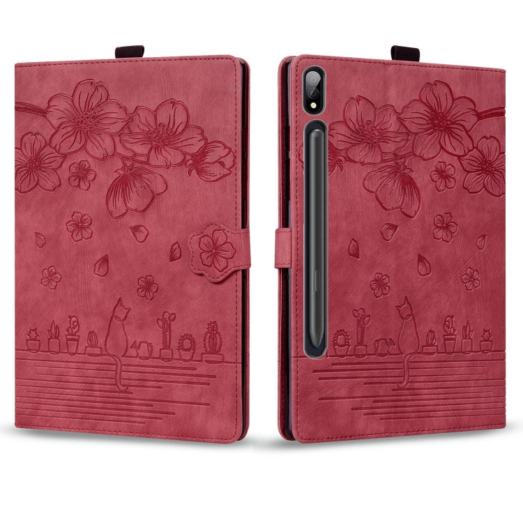 For Samsung Galaxy Tab S9+ /S8+ /S7+ Cartoon Sakura Cat Embossed Smart Leather Tablet Case(Red) - Galaxy Tab S9+ Cases by buy2fix | Online Shopping UK | buy2fix