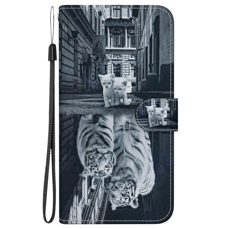 For iPhone 16 Crystal Texture Colored Drawing Leather Phone Case(Cat Tiger Reflection) - iPhone 16 Cases by buy2fix | Online Shopping UK | buy2fix