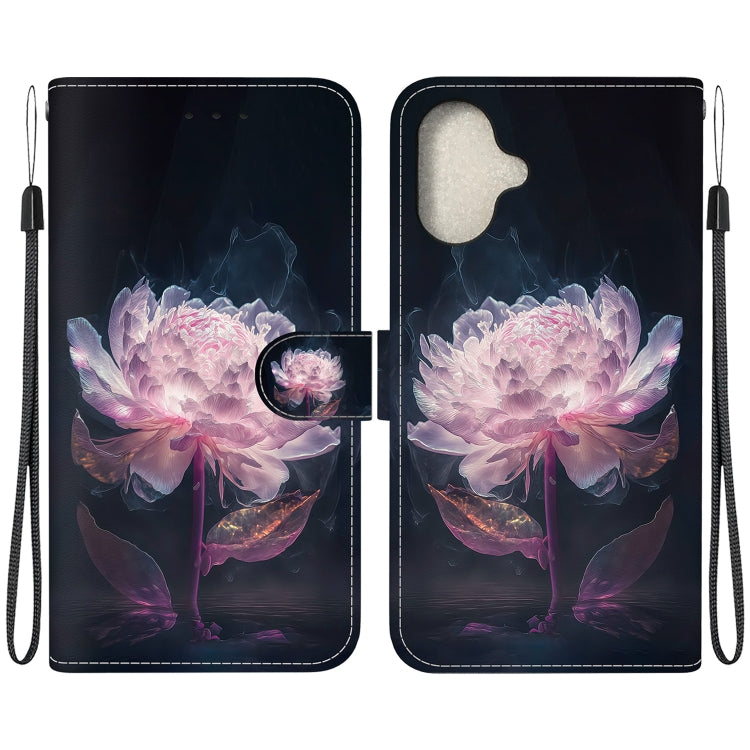 For iPhone 16 Plus Crystal Texture Colored Drawing Leather Phone Case(Purple Peony) - iPhone 16 Plus Cases by buy2fix | Online Shopping UK | buy2fix